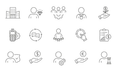Business Strategy Line Icon Set. Client Oriented Service, Customer Satisfaction Growth Linear Pictogram. Development Outline Symbol. Finance Payment. Editable Stroke. Isolated Vector Illustration