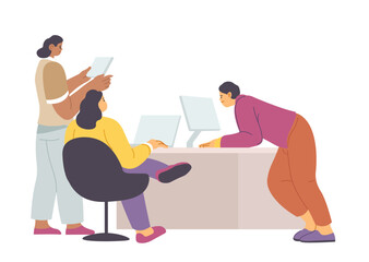 People working on computers in office, employees