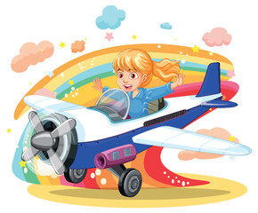Girl pilot flying airplane with rainbow on the background