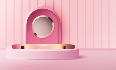 Naklejka na ściany i meble Luxury pink pastel podium scene background with back drop, product presentation, mock up, show cosmetic, product blank podium
