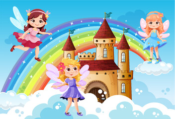 Faries flying on sky and castle background