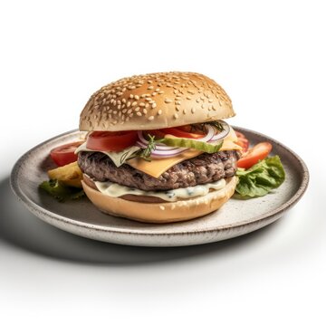 a plate of hamburger on white background for food photography generative ai