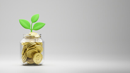 Saving money coins in glass plant growing. planning management Investment financial concept. 3d...