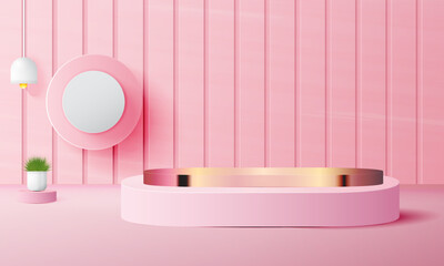 Naklejka na ściany i meble Luxury pink pastel podium scene background with back drop, product presentation, mock up, show cosmetic, product blank podium