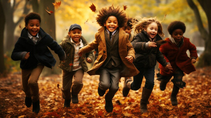 Pure Joy. Children of all races create joyous uproar in an autumn park, transforming rain-soaked leaves into playthings. Their laughter perfumes the misty air. Generative AI