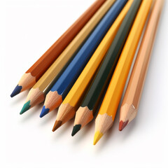 Fototapeta premium Pile of colored pencils from top perspective, on white background