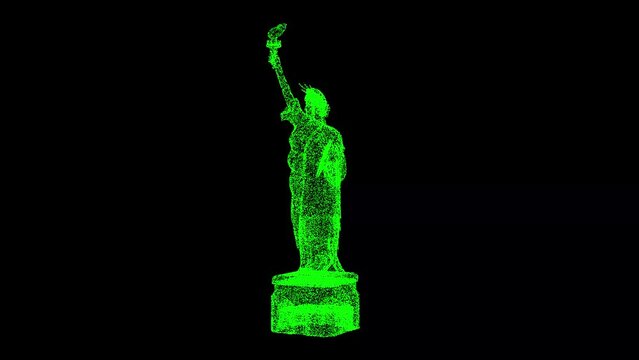 3D Statue of Liberty rotates on black bg. Architectural and tourist concept. For title, text, presentation. Shimmering particles. 3D animation 60 FPS