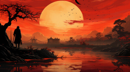 post apocalypse, samurai at sunset.