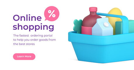 Online shopping sale discount supermarket grocery web landing page 3d banner realistic vector