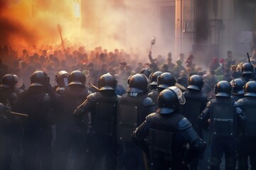 Obraz premium Riot police officers fight with protesters during demonstrations. Created with Generative Ai technology.