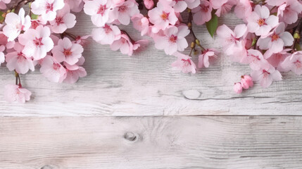 Naklejka na ściany i meble Pink cherry blossoms on white wooden background 