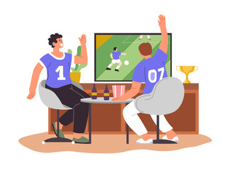 Football fans watching sports game and laughing