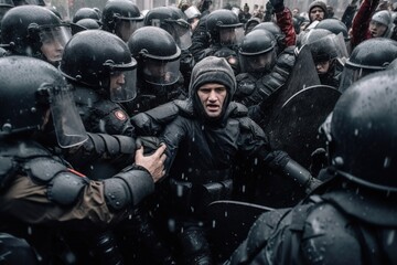 Fototapeta premium Riot police officers fight with protesters during demonstrations. Created with Generative Ai technology.