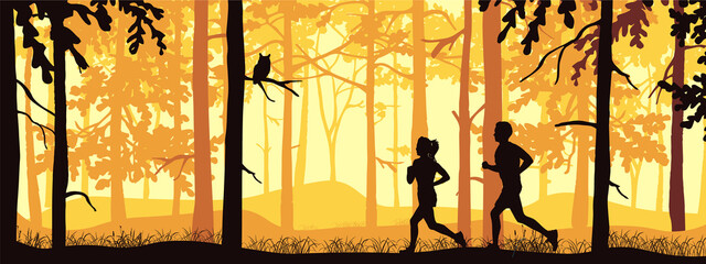 Horizontal landscape banner. Silhouette of boy and girl jogging in forest. Orange illustration. Wild trees. 