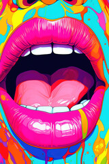 Colorful close up illustration of a mouth wide open with lipstick and covered in bright colored paint generative ai.