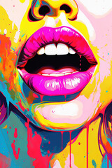 Colorful close up illustration of a mouth wide open with lipstick and covered in bright colored paint generative ai.