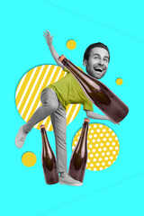 Poster creative collage banner of funny funky guy drink too many wine bottles feel drunk on night club festival