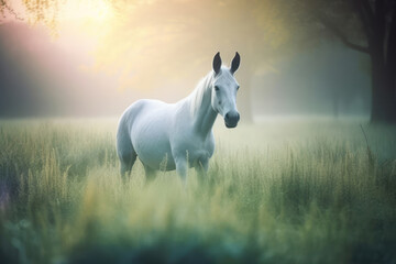Obraz na płótnie Canvas White horse on green landscape