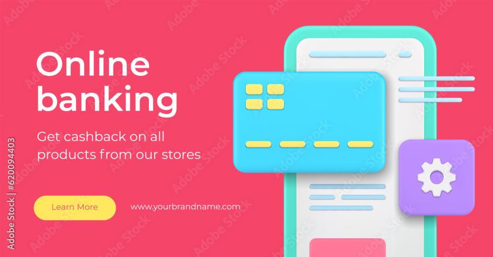 Poster online banking smartphone application setting finance service 3d landing page realistic vector
