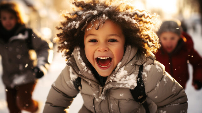 Sunny winter day, children's joy ignites the air as snowballs fly. Laughter echoes, the sun sparkles on the snow, making their play radiant. Pure Joy. Generative AI