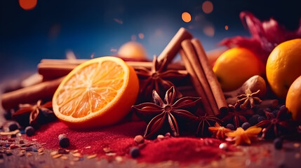 spices for mulled wine - artistic background with copy space, generative ai