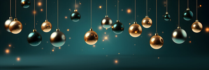 Luxury Christmas banner with hanging gold and green balls on a sparkeling background. Illustration AI Generative.
