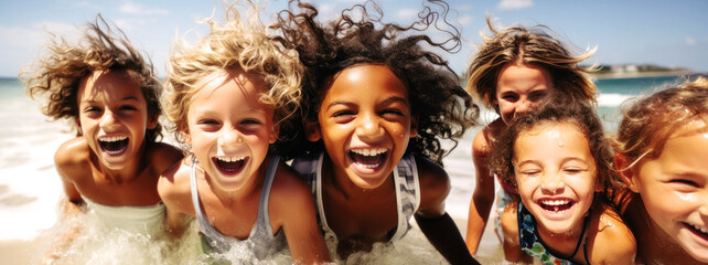 On a sunny beach, diverse children gather, their laughter filling the air. United by friendship, they enjoy the sun, sand, and sea, showcasing pure joy, friendship knows no race. Generative AI	
