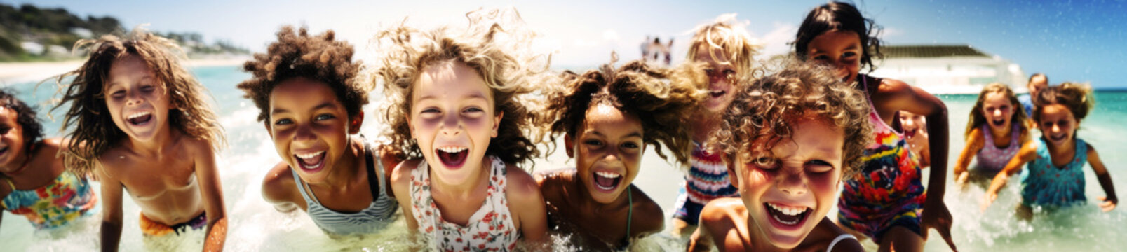 On a sunny beach, diverse children gather, their laughter filling the air. United by friendship, they enjoy the sun, sand, and sea, showcasing pure joy, friendship knows no race. Generative AI	