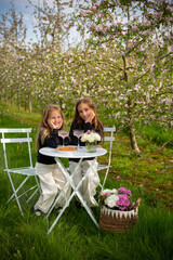 Two sisters are friends at a bistro set in a blossoming apple orchard