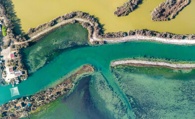 Aerial view of the Piallassa Baiona in Marina Romea lagoon, Ravenna.