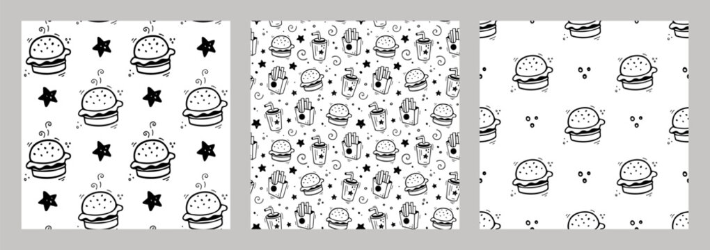 Hand drawn fast food combo with hamburger. Set of fast food seamless patterns. Comic doodle style. Vector Fast food illustration. Sketch of hamburger, paper cup of beverage, french fries box.