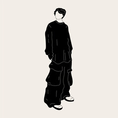 Fototapeta na wymiar Black and white Street fashion men vector illustration. Young man in a fashionable clothes military style 90s 2000s in full growth posing.