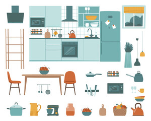 A set of furniture for the kitchen and dining room. Flowers, refrigerator, table, kitchen, microwave, dishes. Different furniture for interior design in the same style. Flat vector illustration.