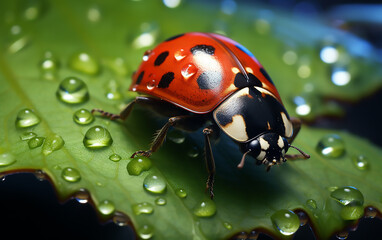 Ladybug on a leaf with rain drops. Generative AI technology.