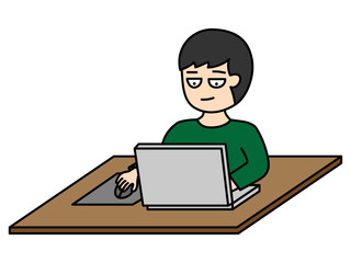 机の上でノートパソコンを使って作業をする若い男性のイラスト