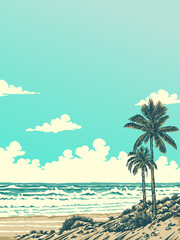 Fototapeta na wymiar tropical beach and waves with a palm trees background illustration design