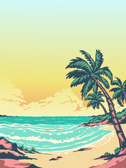 Retro vintage beach with coconut tree at sunset background illustration