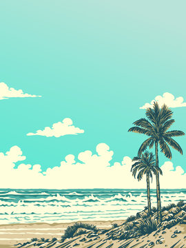 tropical beach and waves with a palm trees background illustration design