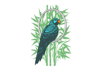 Vector cute bright cyan parrot with an orange beak sitting half-turned in a ring against the background of green bamboo bushes. Jungle bird. White isolated background.