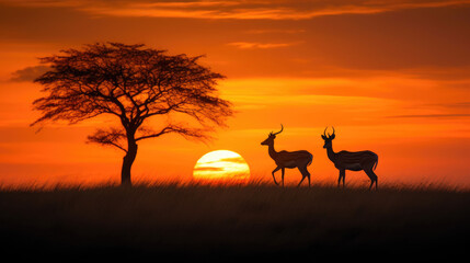 Fototapeta na wymiar Melancholy in Nature: Tree, Deer, and the Setting Sun. Generative AI