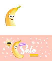 Summer sale funny horizontal banner with cartoon sun and funky banana character isolated on summer pink background. Vector 3d horizontal summer hot sale poster, flyer, banner, tag and background