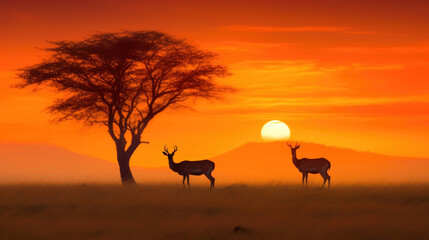 Fototapeta na wymiar Serenity in the Golden Hour: Deer, Tree, and Birds. Generative AI