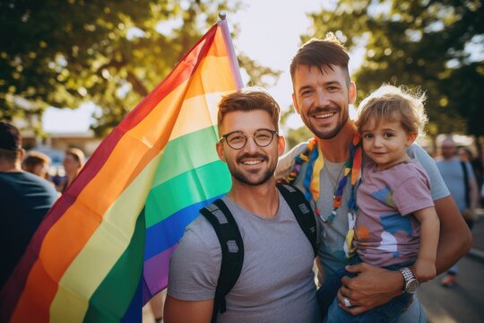 A gay male couple and their son with an LGBT flag, generative ai