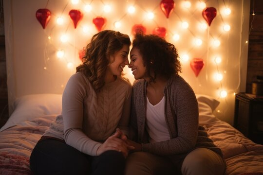 Two women in love sit on the bed and lean their heads against each other, cuddling, generative ai