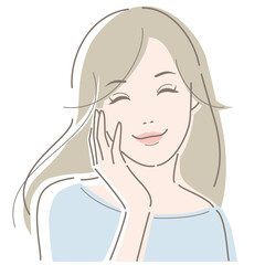 Smiling young woman with long hair touches her cheek with her finger. Vector illustration in line drawing, isolated on white background.