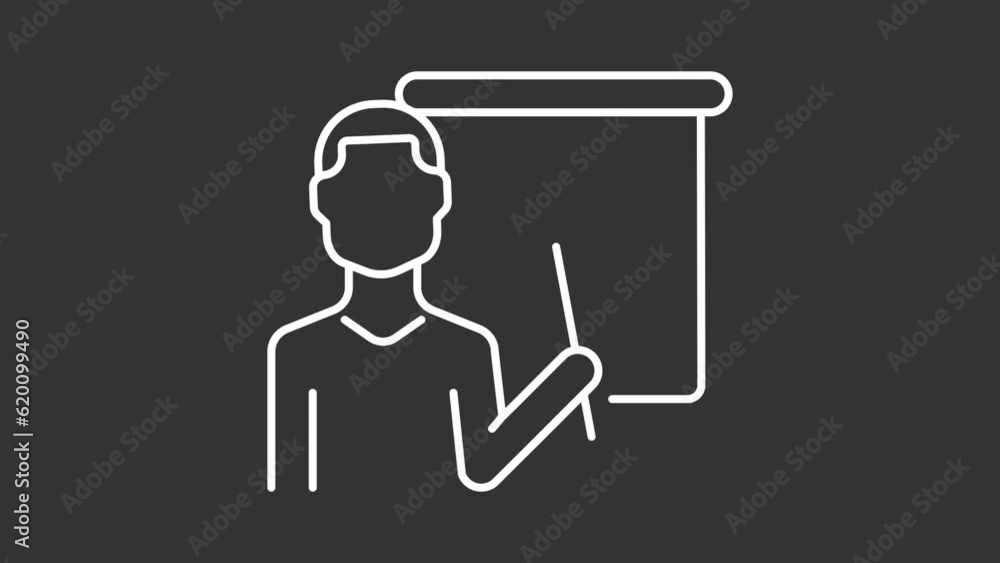 Poster animated teacher white line icon. person with pointer animation. college professor. loop hd video wi