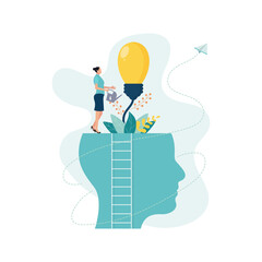Business woman waters this growing bulb from the brain as  metaphor for personal growth. Hatching an idea. Vector illustration in flat style