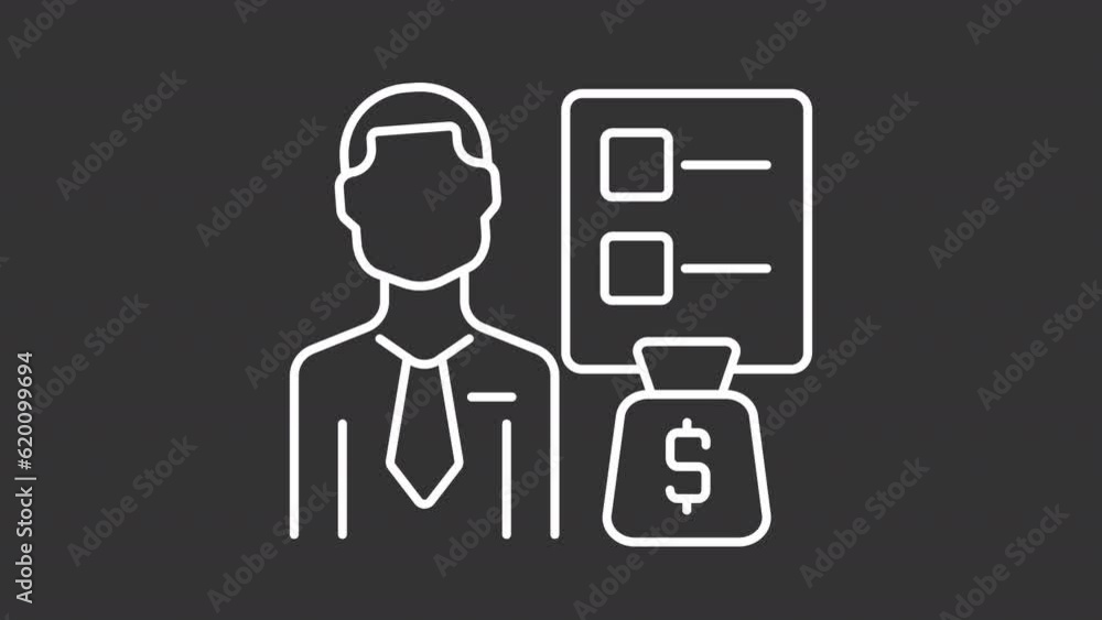 Poster animated finance advisor white icon. man with bag of money and tasks marking completed line animatio