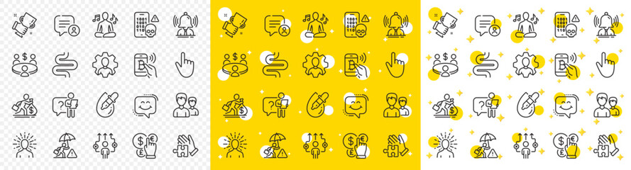 Outline Money currency, Cyber attack and Puzzle line icons pack for web with Salary, Search employee, Yoga line icon. Meeting, Risk management, Chat bubble pictogram icon. Brand, Couple. Vector