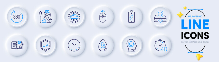 Ph neutral, Cloud network and Swipe up line icons for web app. Pack of Uv protection, 360 degrees, Engineering documentation pictogram icons. Nurse, Timer, Battery charging signs. Vector